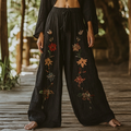 Vintage Bohemian Holiday Style Floral Ethnic Totem Art Printed Cotton Linen Wide Leg Pants elevenforest