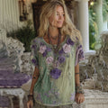Classy Gradient Purple Lavender And Floral Embroidered Linen Short Sleeve T-shirt elevenforest