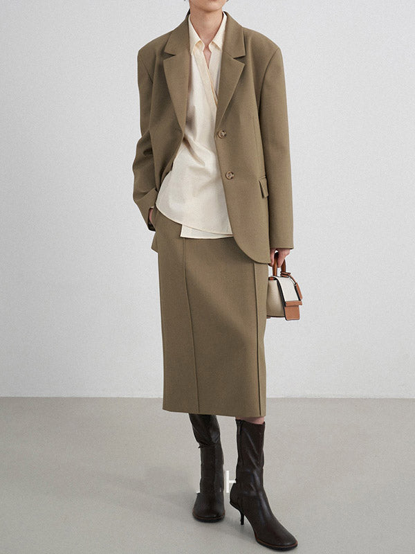 Loose Buttoned Color Long Sleeves Lapel Blouses&shirts Tops + Skirts Bottom + Notched Collar Blazer Outerwear Three Pieces Set