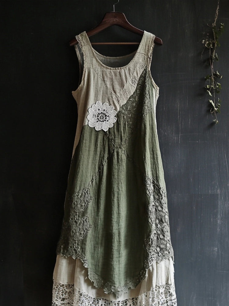 Vintage Lace Patchwork Comfy Linen Tank Dress elevenforest