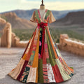 Women's Vintage Floral Color Block Short Sleeve Maxi Dress elevenforest