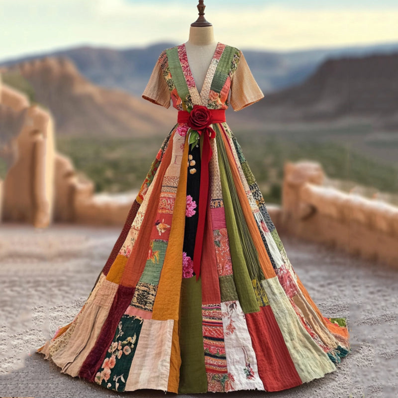 Women's Vintage Floral Color Block Short Sleeve Maxi Dress elevenforest