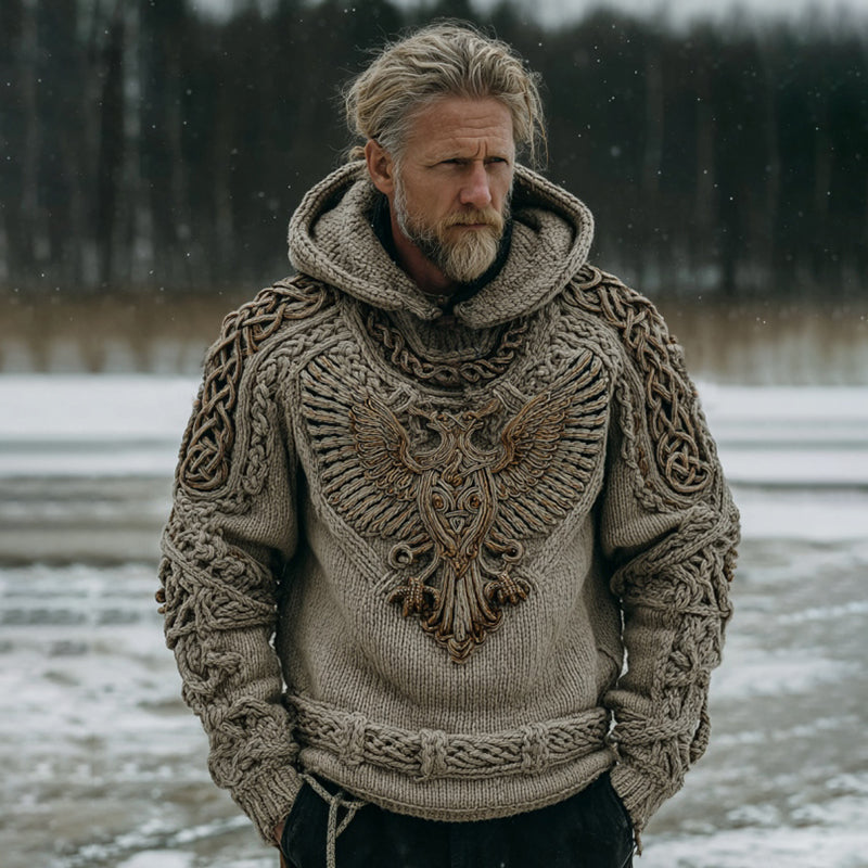 Men's Vintage Viking Eagle Art Knit Hooded Sweater artswardrobe