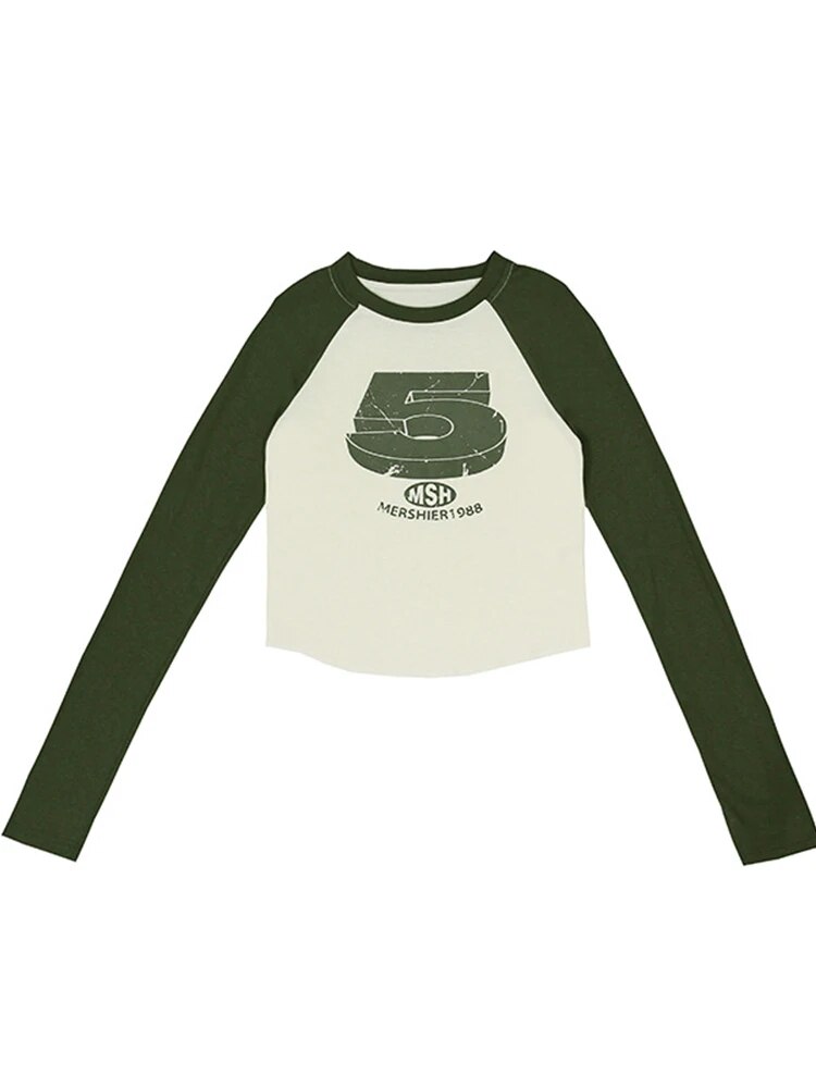 Y2k Patchwork Green Tshirts Hippie Long Sleeve T Shirts Female Kpop Retro Autumn Crop Tops