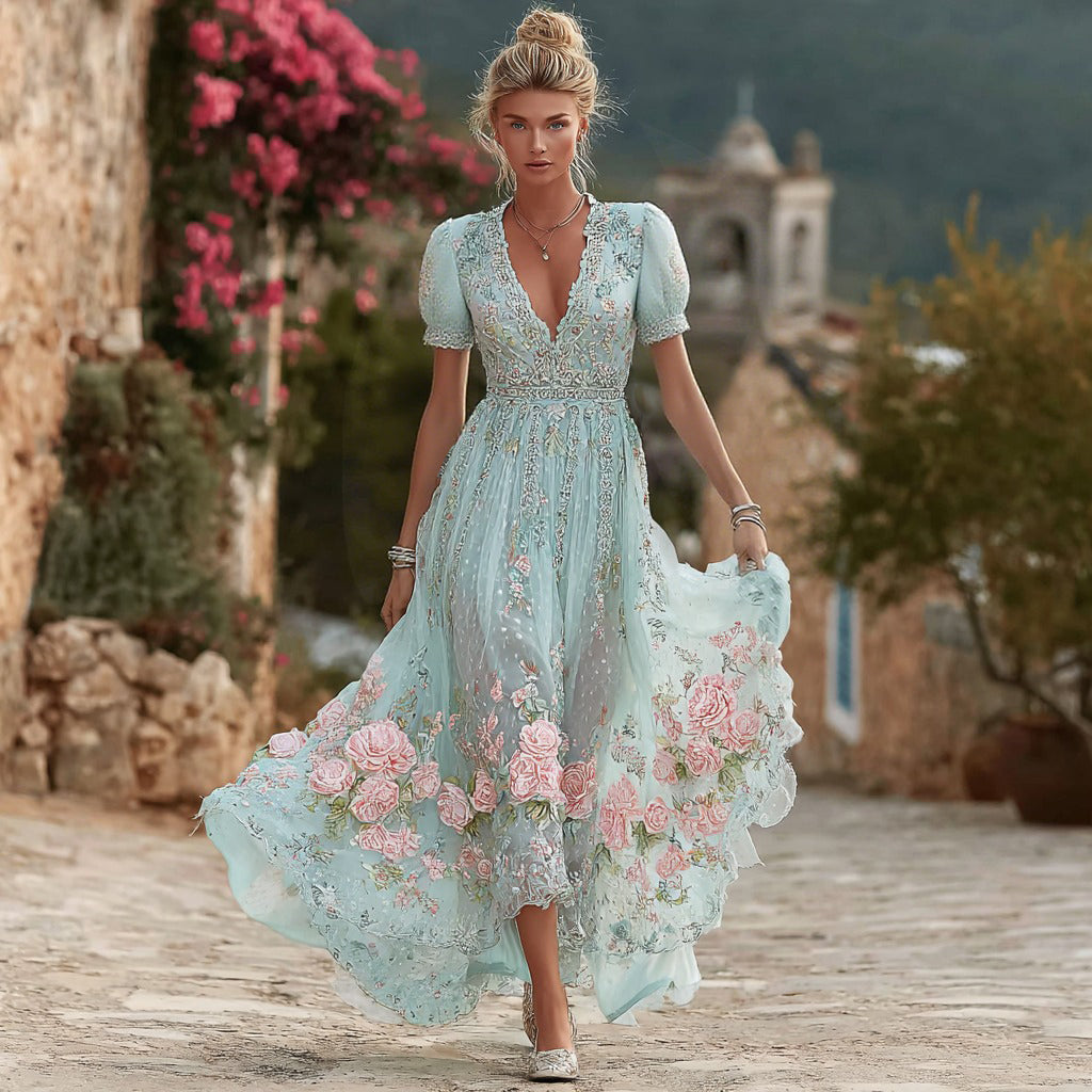 Women's Vintage Bohemian Floral Embroidery Casual Short Sleeve Dress elevenforest