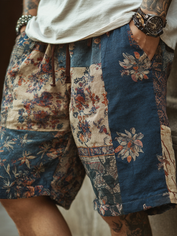 Western Bohemian Style Plant And Flower Pattern Retro Cotton And Linen Loose Men's Shorts elevenforest