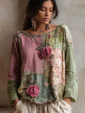 Vintage Pink Roses Embroidered Patchwork Linen Shirt elevenforest