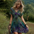 Vintage Purple Lavender Patchwork And Floral Embroidered Art Linen Mini Short Sleeve Dress elevenforest