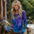 Classy Gradient Purple And Blue Lavender And Floral Embroidered Linen Long Sleeve Shirt elevenforest
