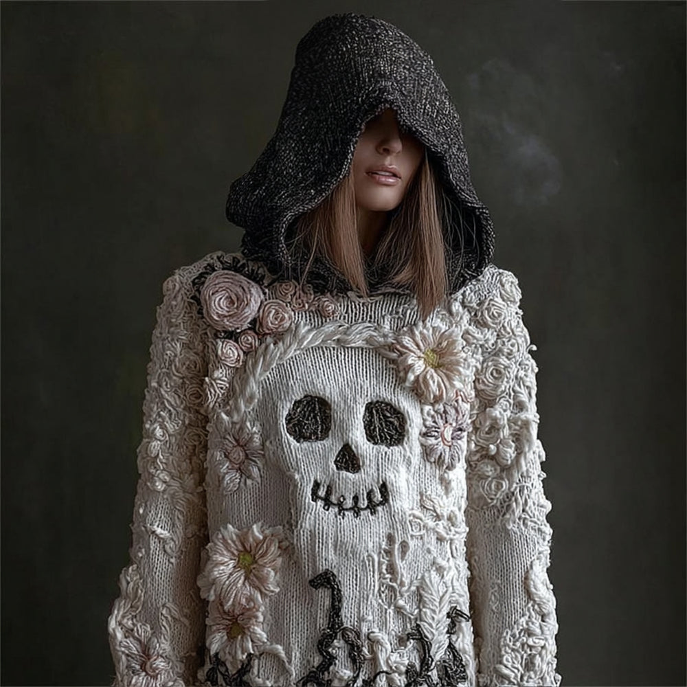 Comstylish Halloween Ghost Skull Face Floral Art Women's Knit Hooded Sweater