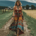 Women's Vintage Western Geometric Print V-neck Tank Midi Dress elevenforest