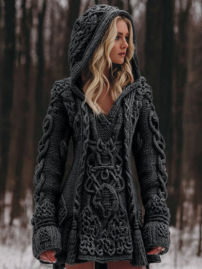 Women's Viking Celtic Knot Rune Knit Jacquard Warm Sweater Hooded Dress artswardrobe