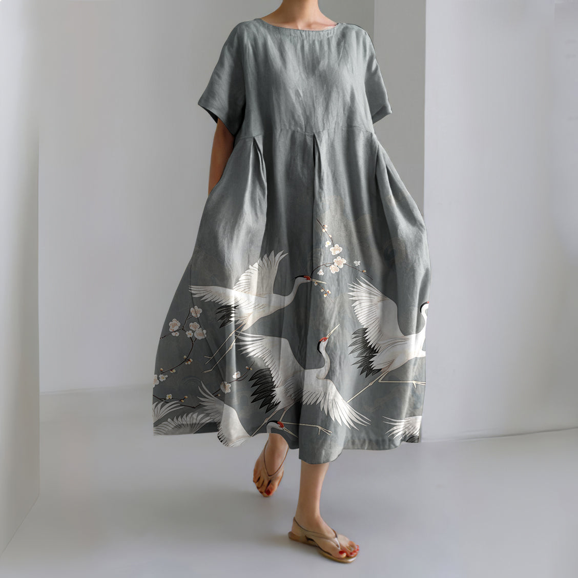 Crane Print Crew Neck Short Sleeves Midi Dress elevenforest