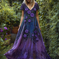 Classy Purple Roses Glitter Fiber Art Gradient Flowy Linen Maxi Dress elevenforest