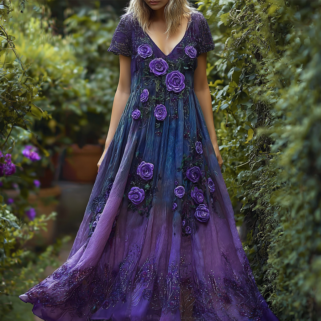 Classy Purple Roses Glitter Fiber Art Gradient Flowy Linen Maxi Dress elevenforest