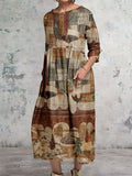 Women's Retro Art Geometric Pattern Round Neck Cotton and Linen Dress