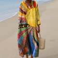 Women's Colorful Warm Sunshine & Sea Of Flowers Pattern Line Art Print Cotton Dress elevenforest