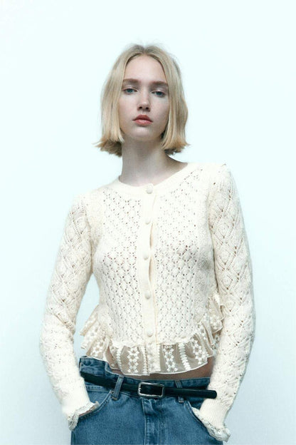 Cropped Knit Buttoned Lace Trim Cardigan White