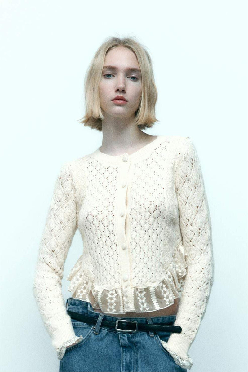 Cropped Knit Buttoned Lace Trim Cardigan White