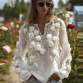 Ladies' Embroidered Plant Romantic Flower Sequin White V-neck Casual Vintage Long-sleeved Top elevenforest