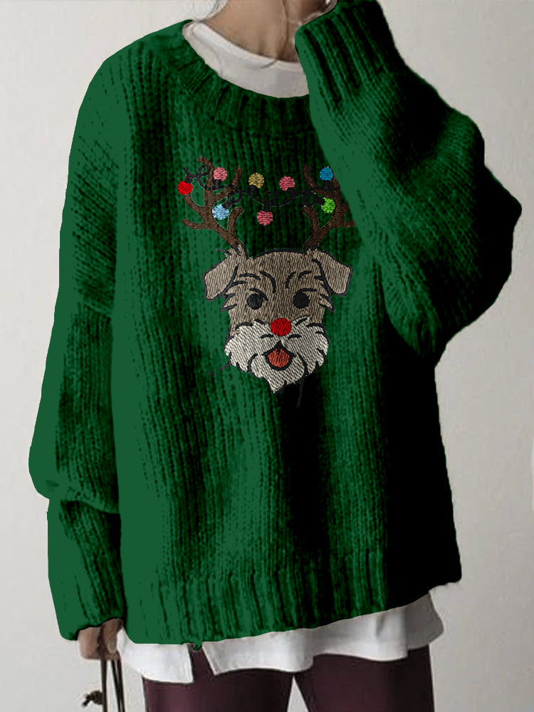 Comstylish Funny Christmas Schnauzer Dog Embroidered Cozy Sweater