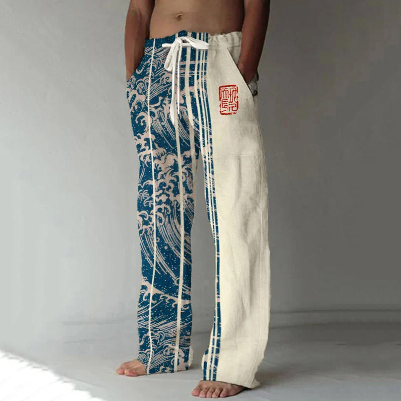 Men's Wave Art Print Casual Pants elevenforest