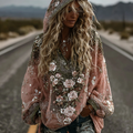 Women's Classic Romantic Pink Rose Embroidery Art Comfy Linen Long Sleeve Hooded Shirts elevenforest