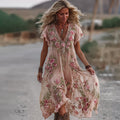 Women's Vintage Rose Embroidery Art Comfy Linen Maxi Dress elevenforest