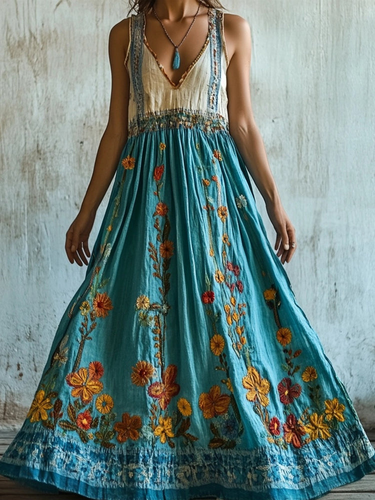 Vintage Boho Floral Embroidered V Neck Linen Maxi Dress elevenforest