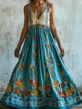 Vintage Boho Floral Embroidered V Neck Linen Maxi Dress elevenforest