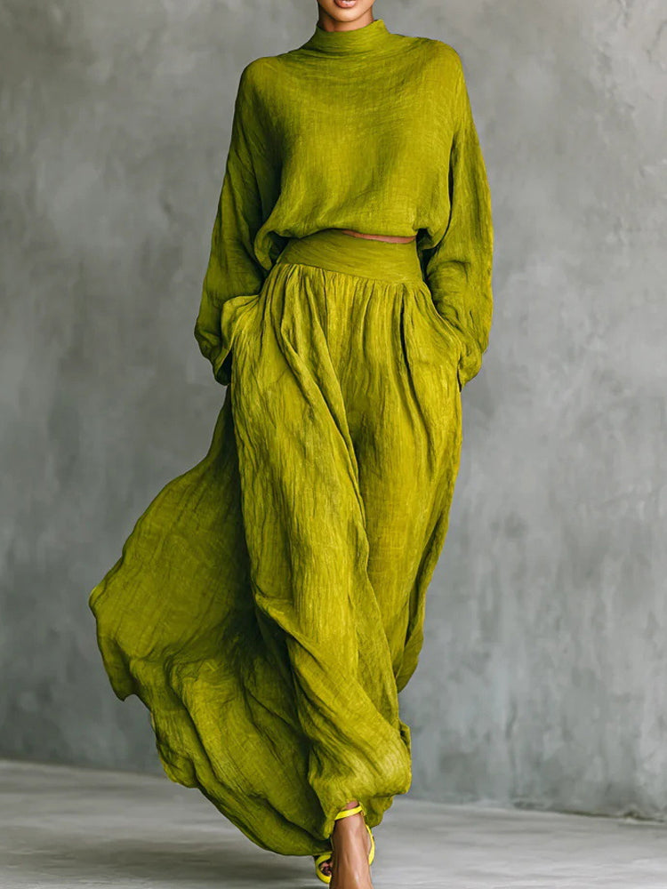 Comstylish Vintage Classy Shirt & Skirt Flowy Linen Two Piece Set