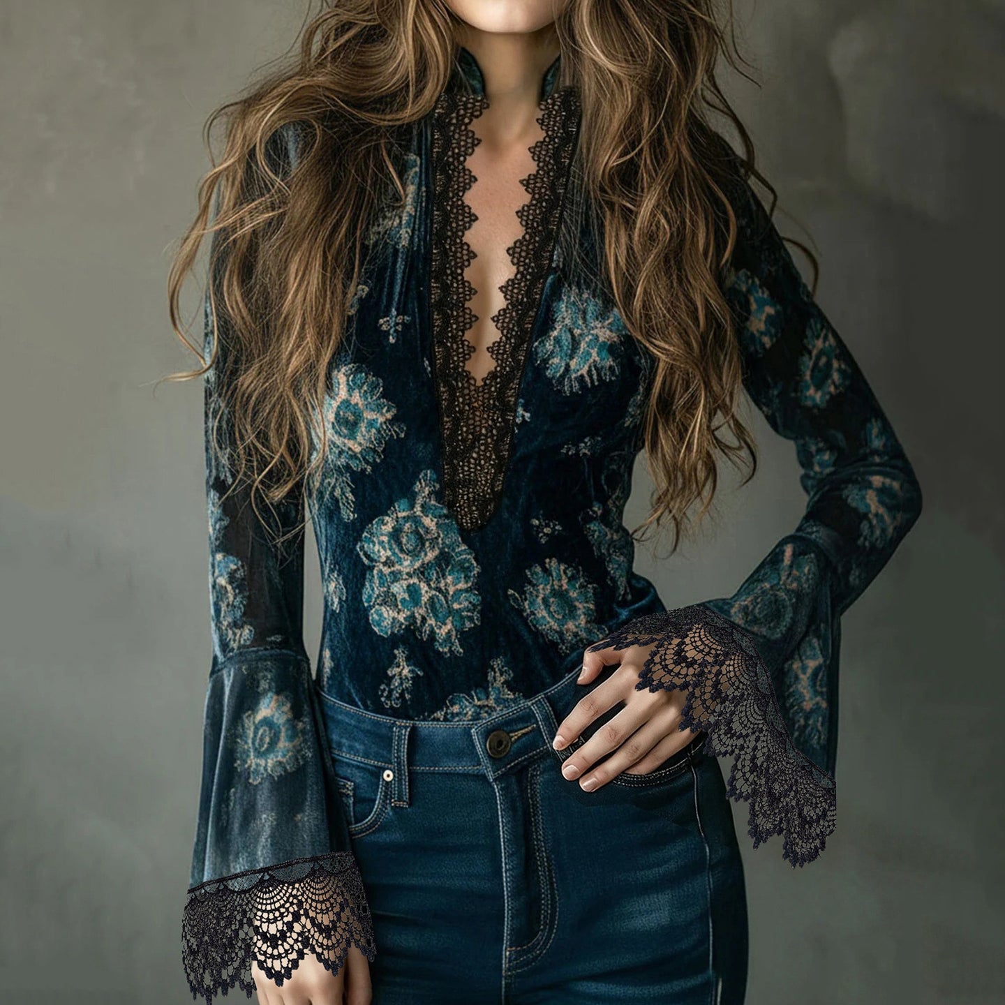 Women's Elegant Lace-trimmed Velvet V-neck Top elevenforest
