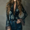 Women's Elegant Lace-trimmed Velvet V-neck Top elevenforest