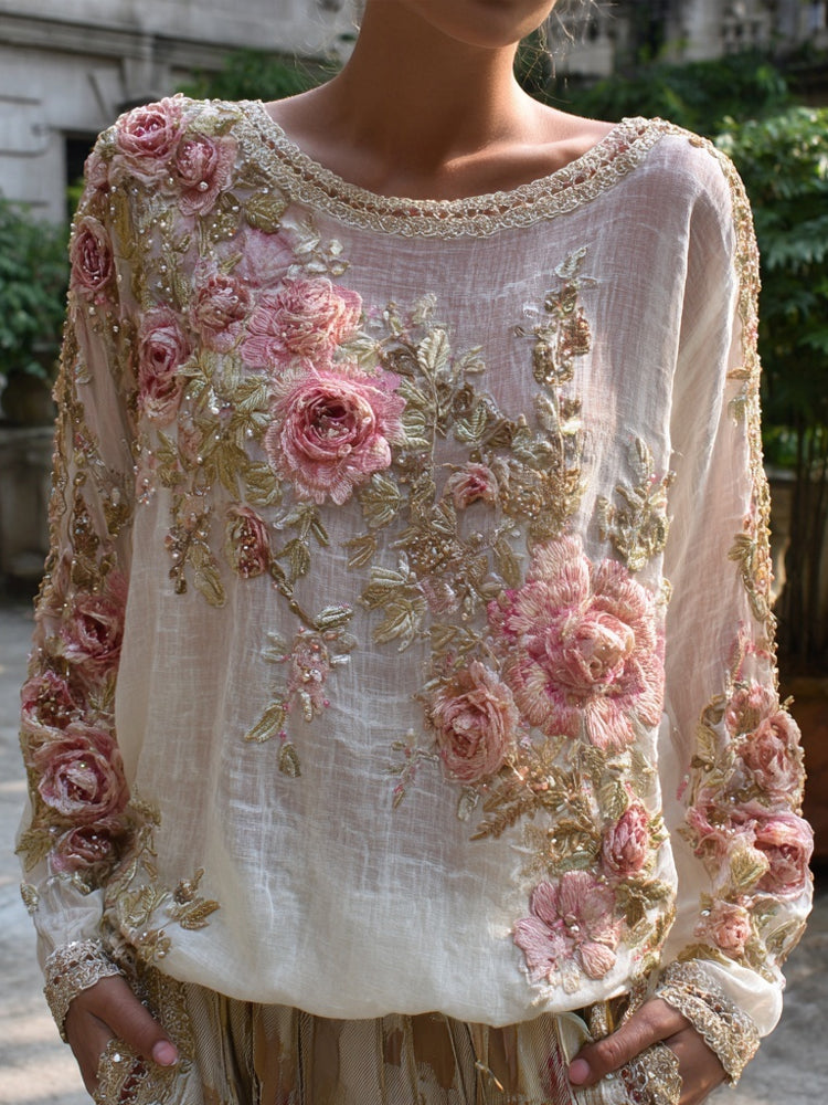 "boho Pink Roses Embroidered Vintage Breathable  Linen Tunic" elevenforest
