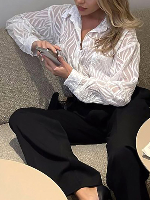 Long Sleeves Loose Buttoned Pockets See-through Color Split-joint Lapel Blouses&shirts Tops