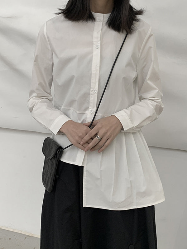 Long Sleeves Asymmetric Buttoned Pleated Color Round-neck Blouses&shirts Tops
