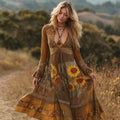 Women's Vintage Ethnic Sunflower Floral Linen Dress elevenforest