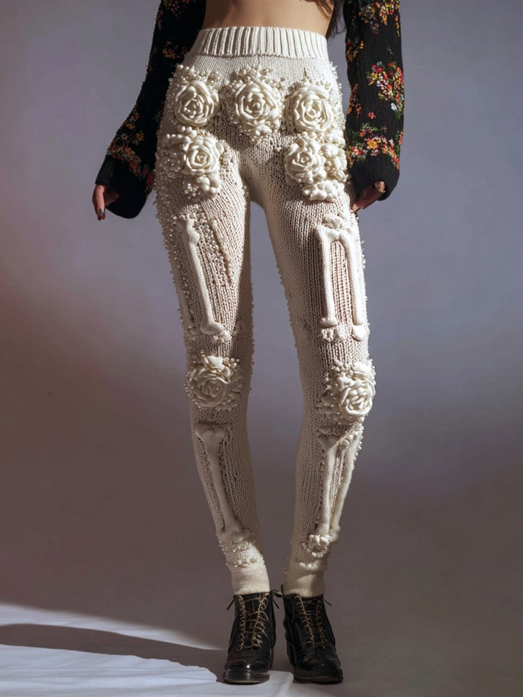 Vintage White Skeleton Roses Crochet Cozy Knit Leggings elevenforest