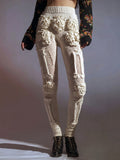 Vintage White Skeleton Roses Crochet Cozy Knit Leggings elevenforest