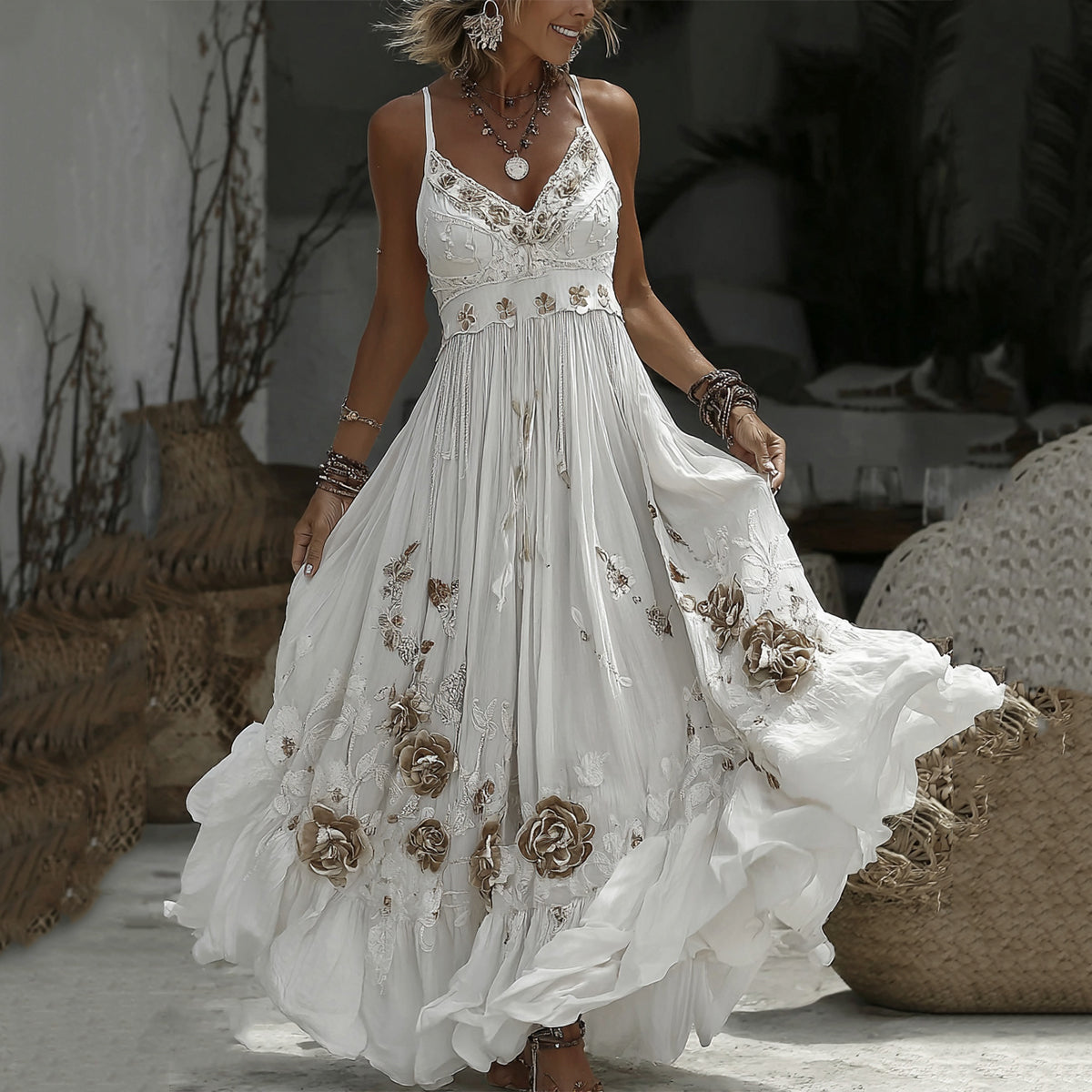 Women's Vintage Rose Embroidery Art V-neck Casual Maxi Dress elevenforest
