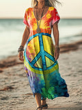 Women's Colorful Hippie Flower Art Short Sleeve Pocket Cotton Linen Dr