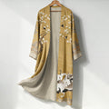 Women's Japanese Floral And Crane Art Pattern Linen Long Kimono elevenforest