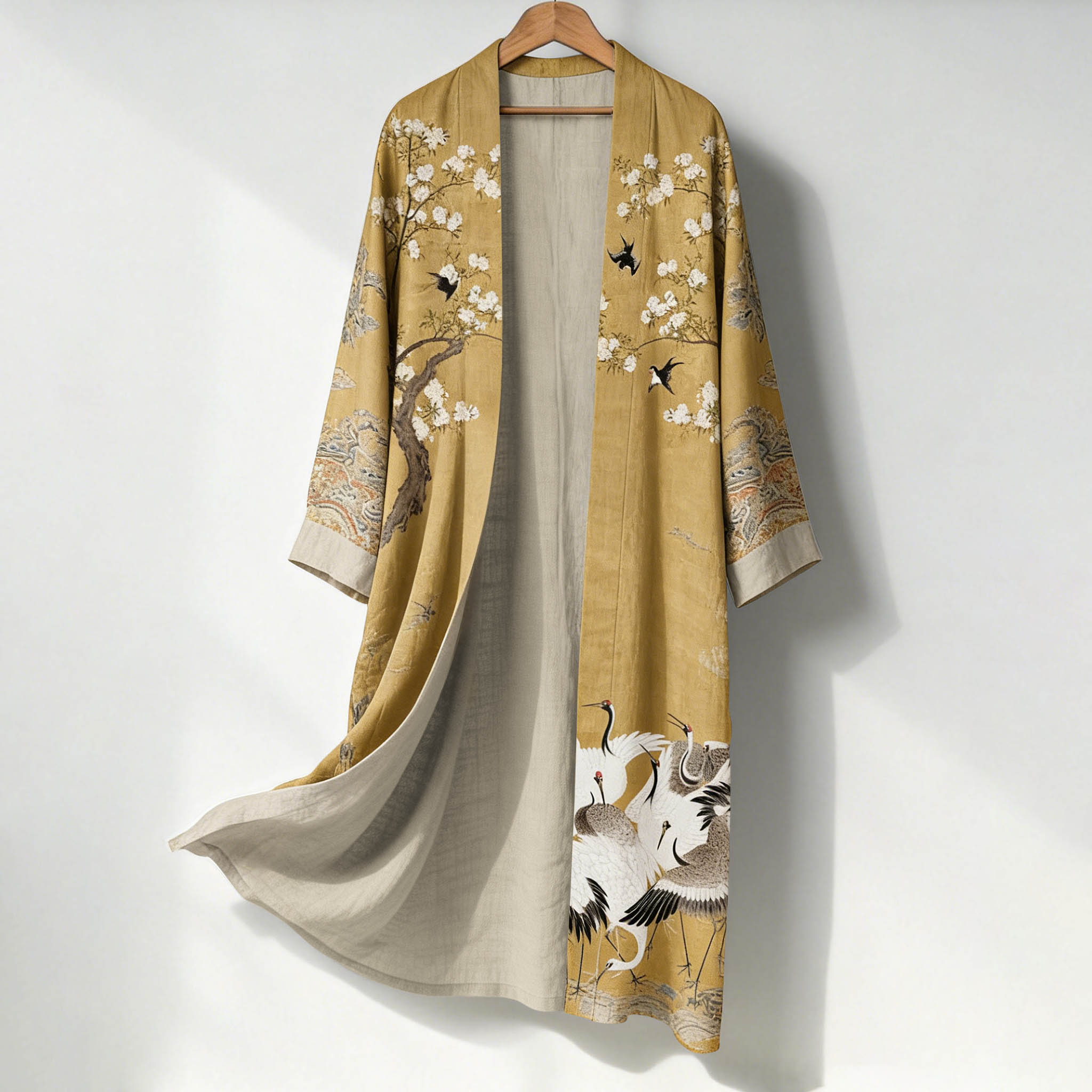 Women's Japanese Floral And Crane Art Pattern Linen Long Kimono elevenforest