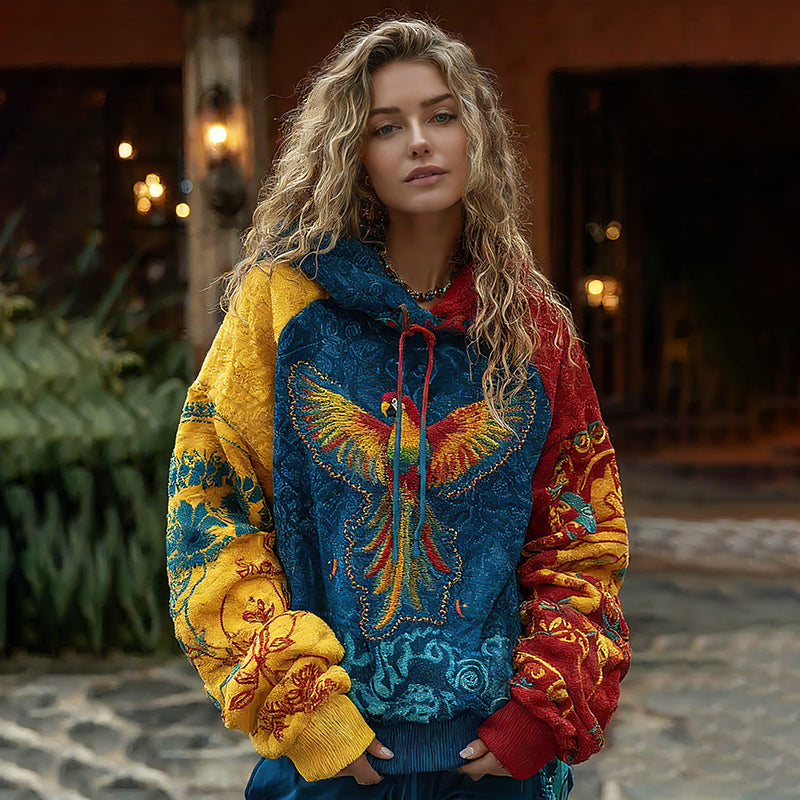Women's Venezuelan Parrot Traditional Floral Contrast Hoodie elevenforest