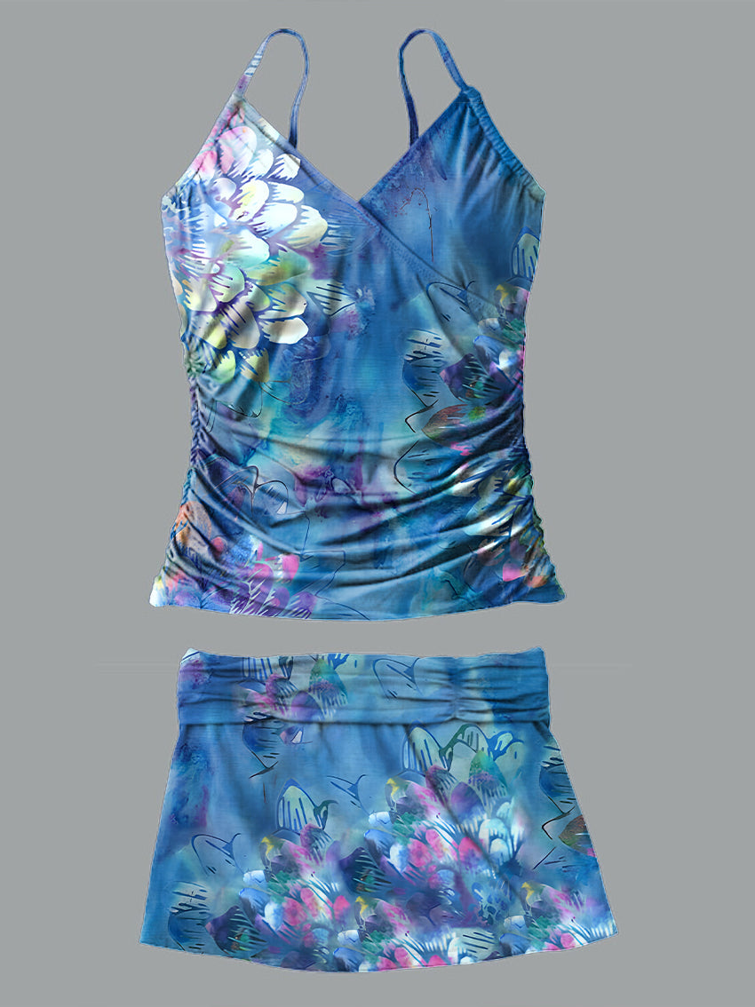 V-Neck Vintage Flowers Art Print Suspender Skirt Tankini Pantskirt Set Swimsuit