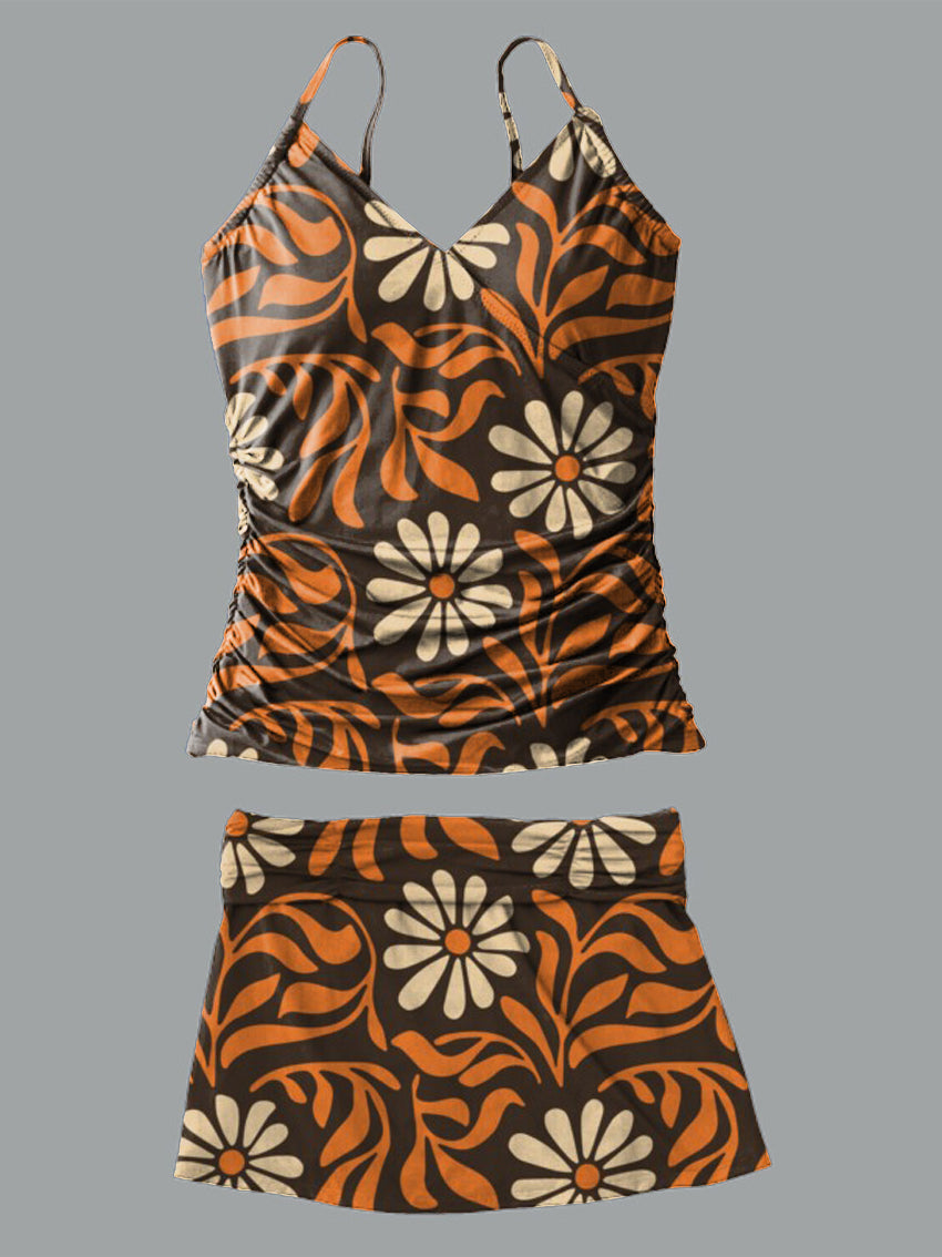 Retro Flower V-Neck Vintage Flowers Print Suspender Skirt Tankini Pantskirt Set Swimsuit