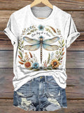 Dragonfly Floral Pattern Art Art Round Neck Short Sleeve T-Shirt