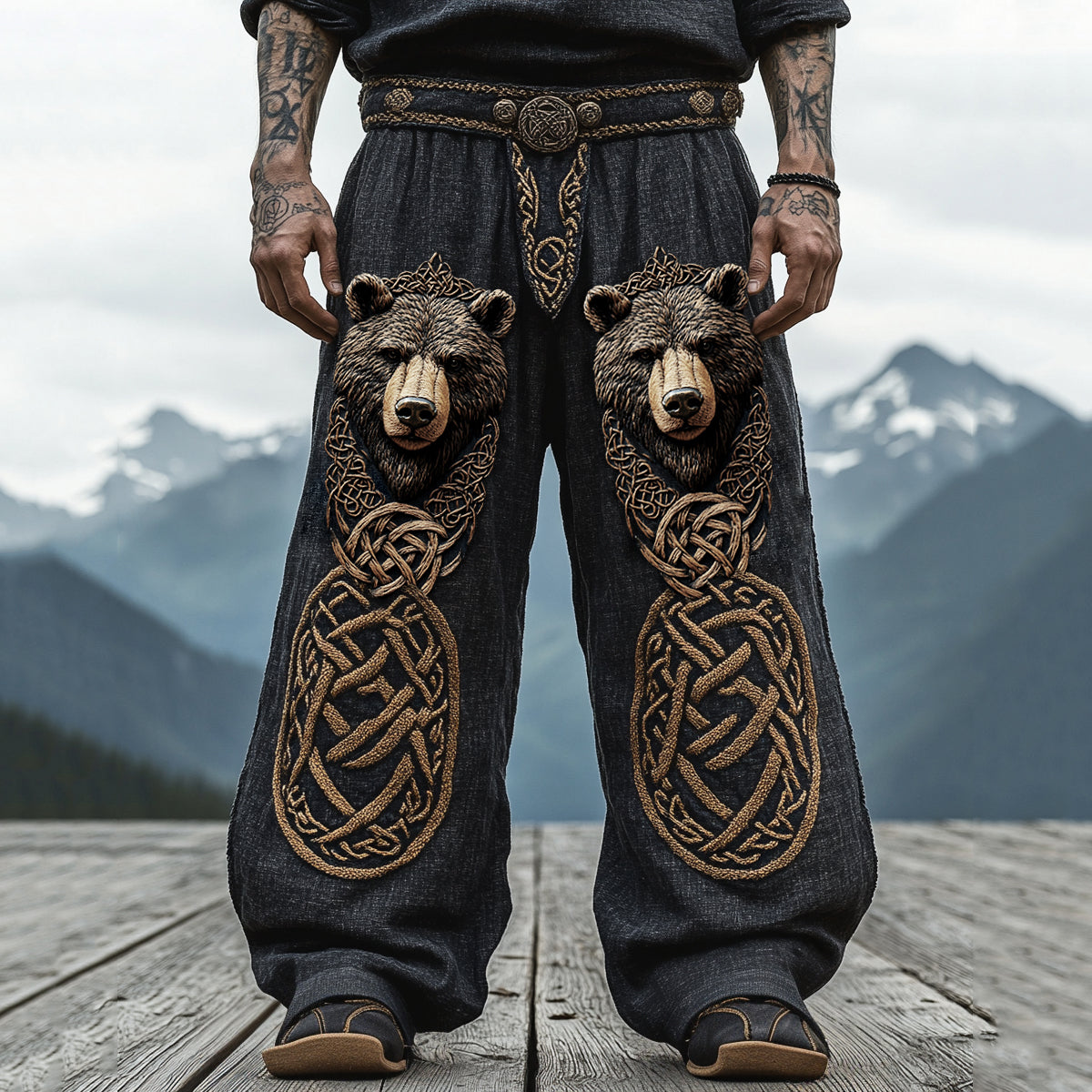 Vintage Nordic Viking Mythology Celtic Knot Bear Head Pants elevenforest