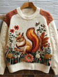 Fall Squirrel Floral Embroidered Vintage Cozy Knit Sweater artswardrobe