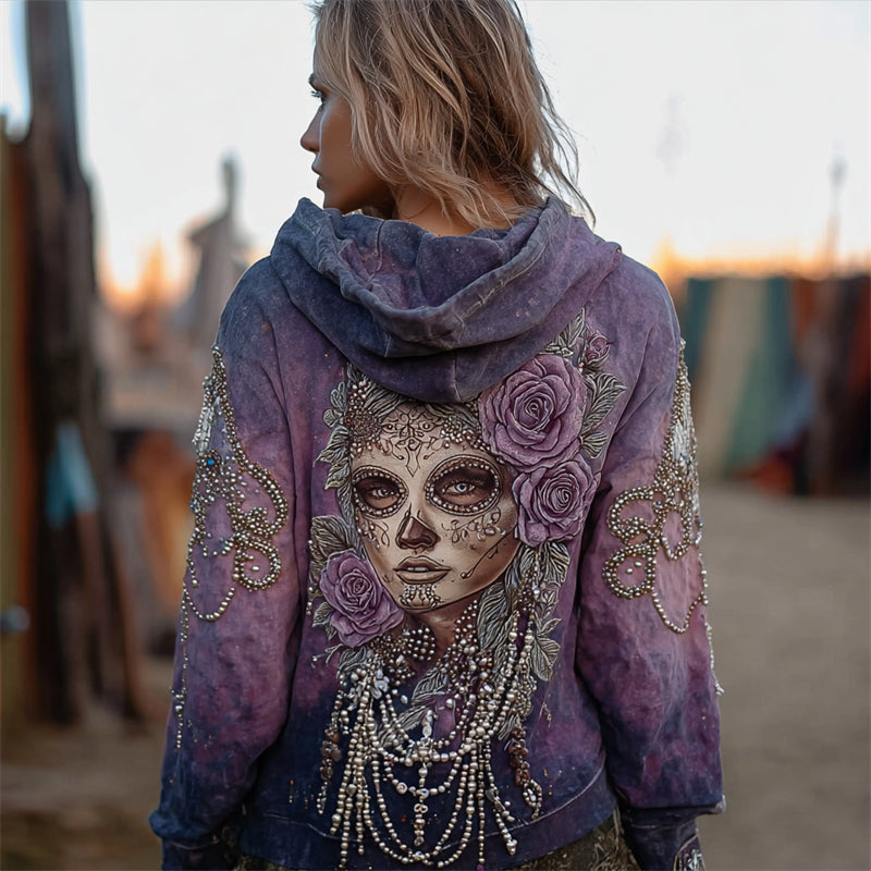 Day Of The Dead Sugar Skull Woman Roses Beaded Dyed Hoodie elevenforest